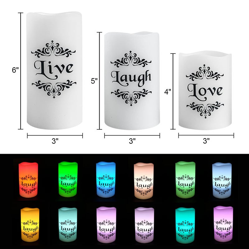DRomance Color Changing LED Flameless Candles with 18-Key Remote and Timer, Live Love Laugh Decals Battery Operated LED Flickering Pillar Candles Dinner Wedding Decor 3 x 4, 5, 6 - Image 2